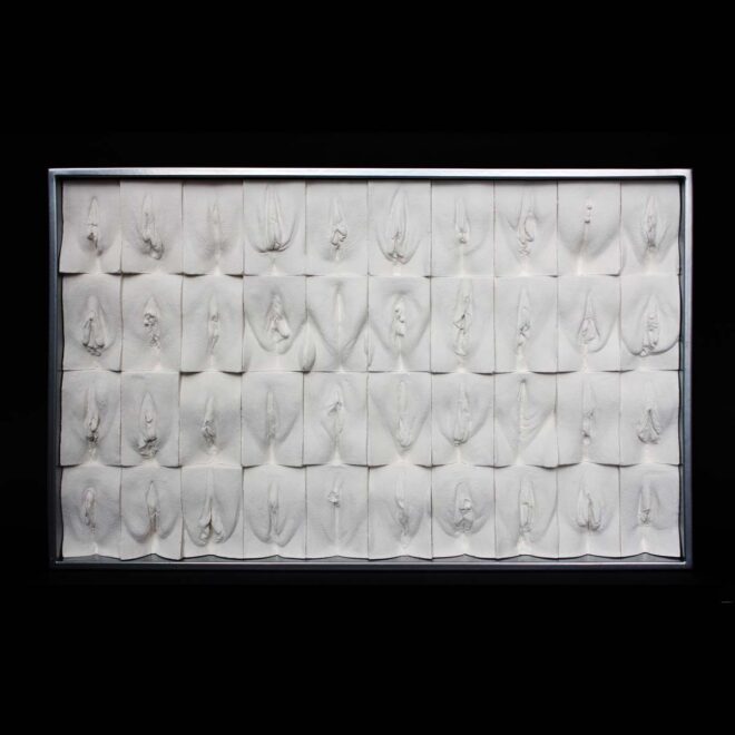Jamie McCartney's 'Great Wall of Vagina panel 5 miniature' artwork in plaster and aluminium